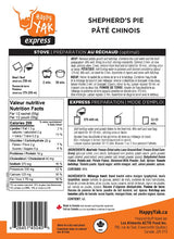 Ingredients and directions for happy yak freeze-dried shepherd's pie