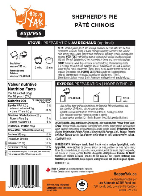 Ingredients and directions for happy yak freeze-dried shepherd's pie