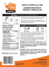 Back of happy yak taco mix freeze-dried meal package