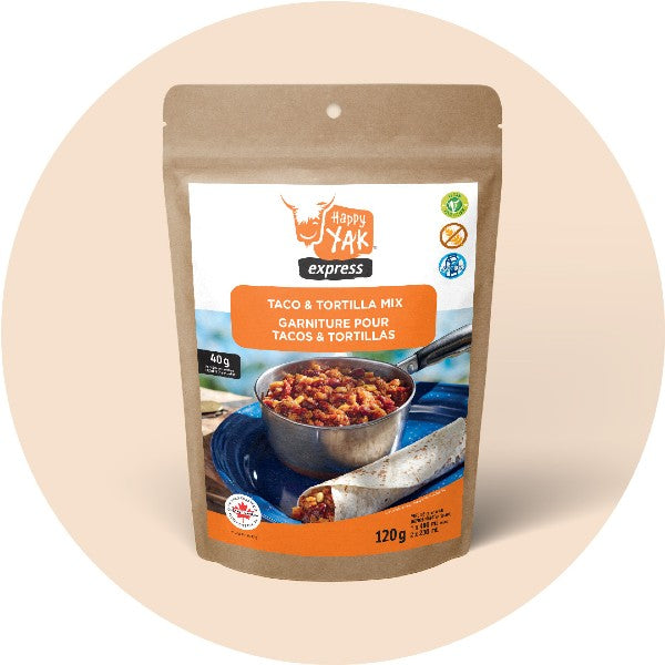 Package of happy yak taco mix freeze-dried meal