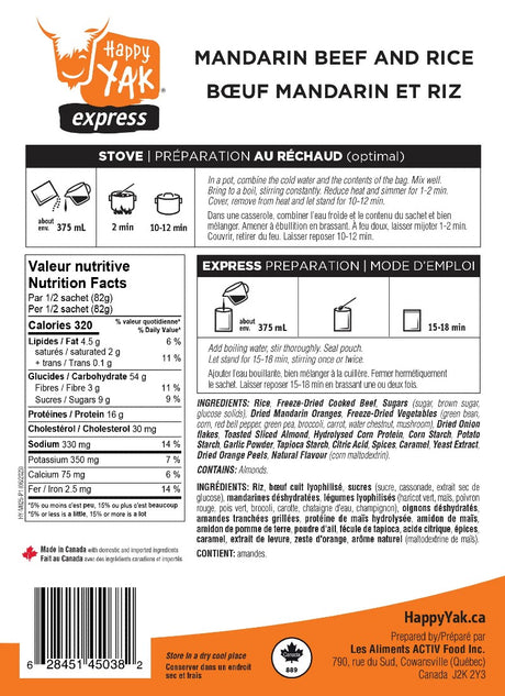 Ingredients/instructions for Happy Yak Mandarin Beef and Rice freeze-dried meal