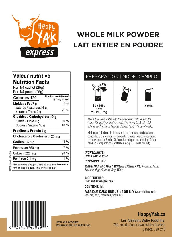 Ingredients and directions for happy yak milk powder