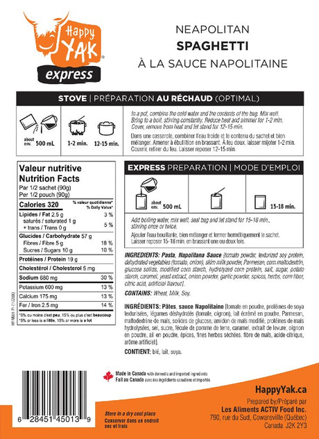 Back of Happy Yak neapolitan spaghetti freeze-dried meal package