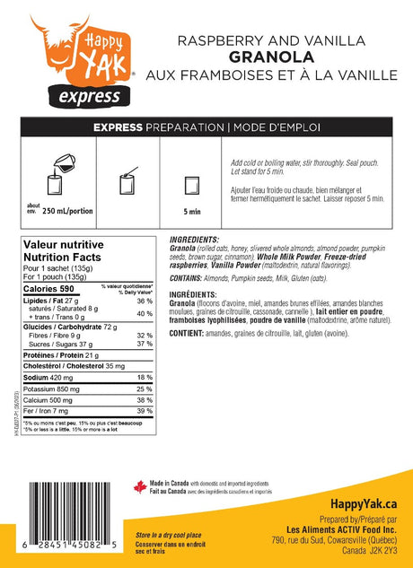 Ingredients/instructions of Happy Yak Raspberry and Vanilla granola backpacking meal