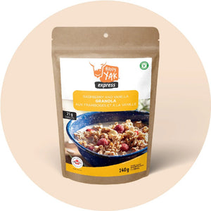 Pouch of Happy Yak Raspberry and Vanilla granola backpacking meal