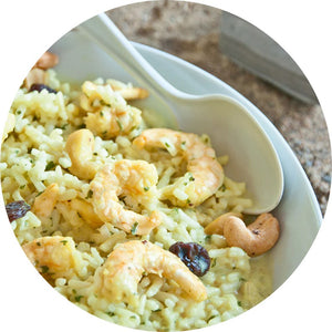 Prepared view of Happy Yak Shrimp Curry with Rice freeze-dried meal