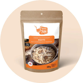 Package of Happy Yak cheese & mushroom risotto freeze-dried meal