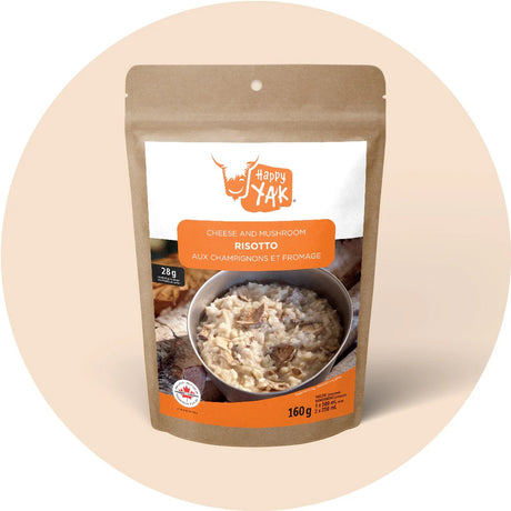 Package of Happy Yak cheese & mushroom risotto freeze-dried meal