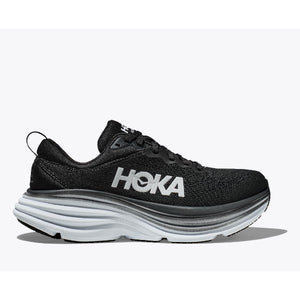 Side view of men's Hoka Bondi 8 running shoe in black/white