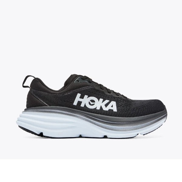 Side view of women's Hoka Bondi 8 running shoe in black/white