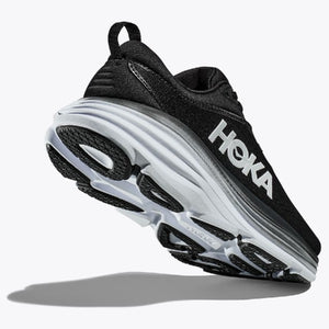 Sole view of men's Hoka Bondi 8 running shoe in black/white