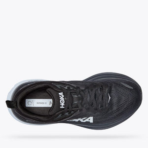Top view of women's Hoka Bondi 8 running shoe in black/white