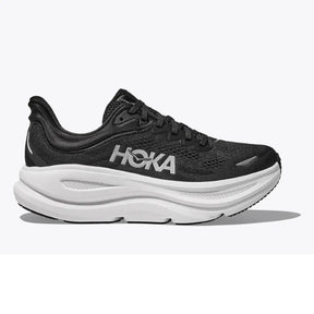 Side view of men's Hoka Bondi 9 running shoe in black/white