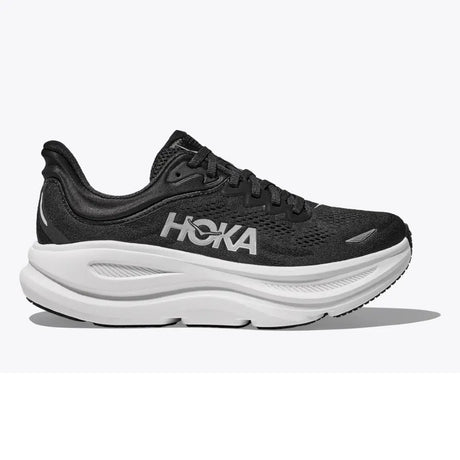 Side view of men's Hoka Bondi 9 running shoe in black/white