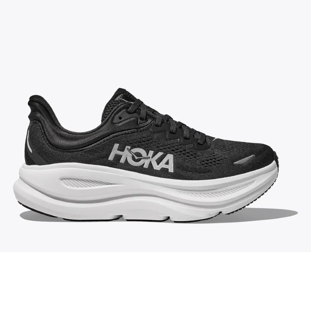 Side view of men's Hoka Bondi 9 running shoe in black/white
