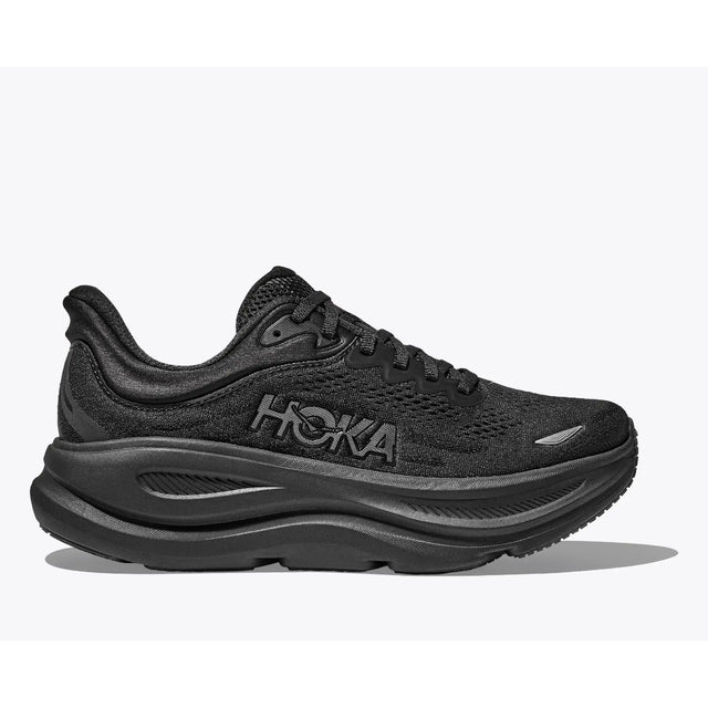 Side view of men's black Hoka Bondi 9 running shoe