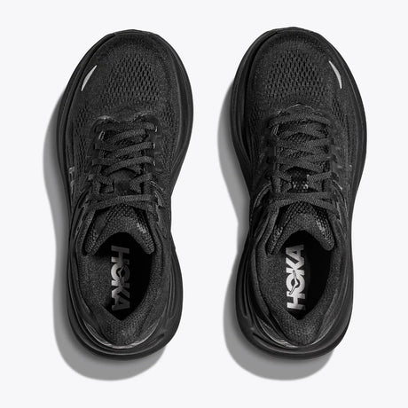 Top view of men's black Hoka Bondi 9 running shoes