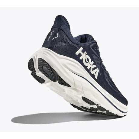 Sole view of men's Hoka Clifton 10 running shoes in navy/white