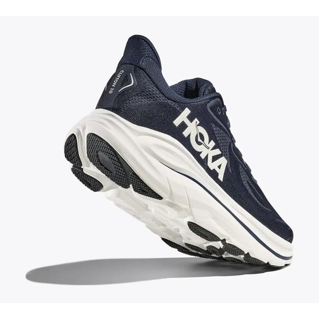 Sole view of men's Hoka Clifton 10 running shoes in navy/white