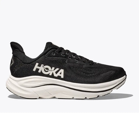 Side view of women's Hoka Clifton 10 running shoe in black/white