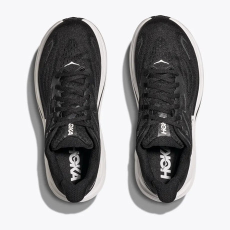 Top view of women's Hoka Clifton 10 running shoe in black/white