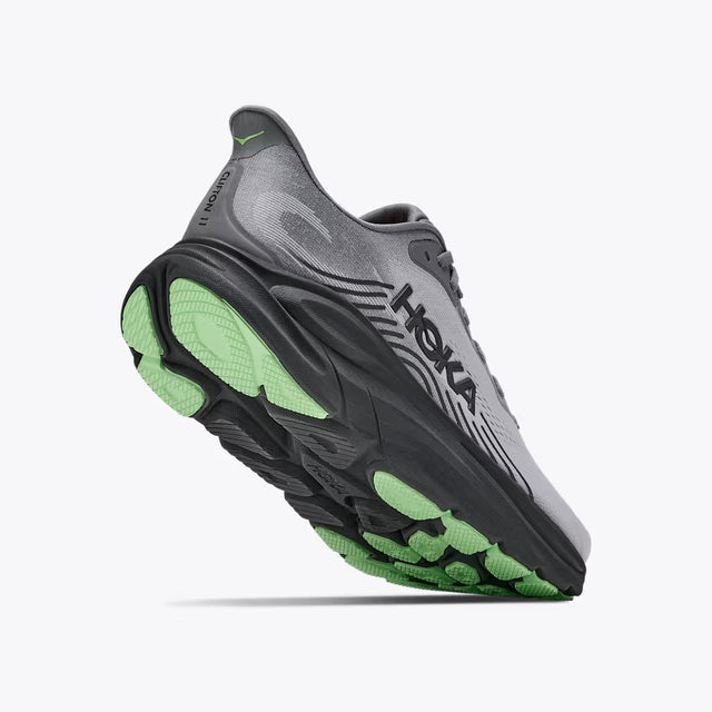Sole view of men's grey Hoka Clifton 11 running shoe