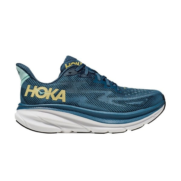 Side view of men's Hoka Clifton 9 running shoe in midnight ocean/bluesteel