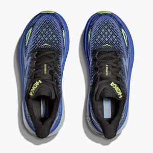 Top view of women's Hoka Clifton 9 running shoes in black/stellar blue