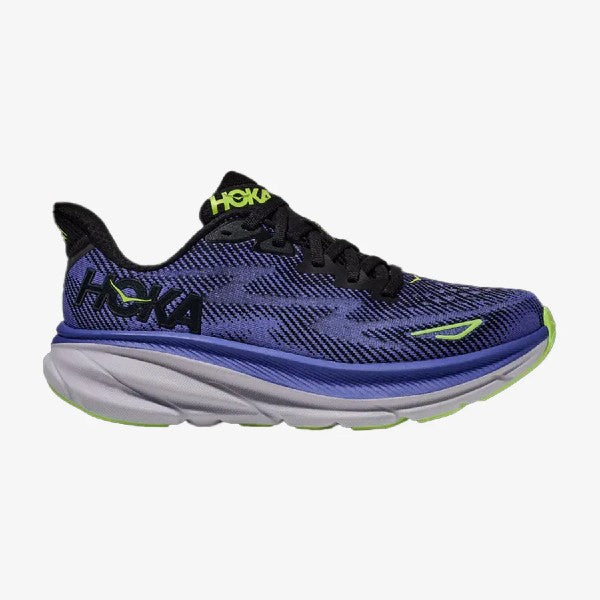 Side view of women's Hoka Clifton 9 running shoe in black/stellar blue