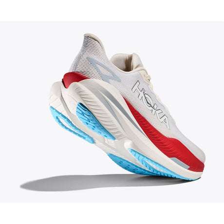 Sole view of men's white Hoka Mach X 3 running shoe