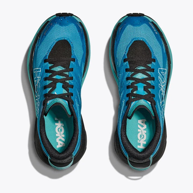 Top view of women's Hoka Mafate 5 trail shoes in Skyward Blue/Black colour