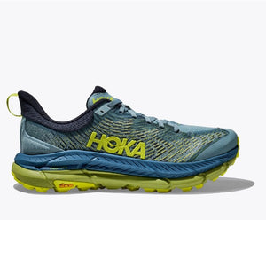 Side view of men's Hoka Mafate 4 trail running shoe in stone blue/citron colour