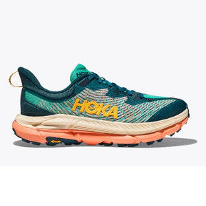 Side view of women's Hoka Mafate 4 trail running shoe in deep teal/water garden colour