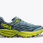 Side view of men's hoka speedgoat 5 trail running shoe in stone blue/dark citron
