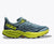 Side view of men's hoka speedgoat 5 trail running shoe in stone blue/dark citron
