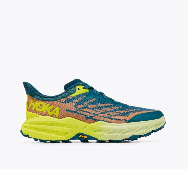 Side view of men's Hoka Speedgoat 5 trail running shoe in blue coral/evening primrose colour