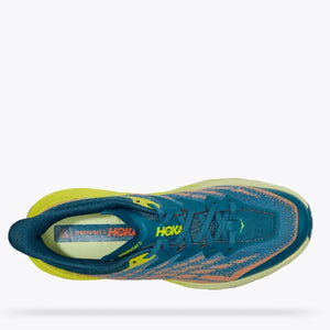 Top view of men's Hoka Speedgoat 5 trail running shoe in blue coral/evening primrose colour