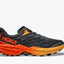 Side view of men's hoka speedgoat 5 trail running shoe in cast rock/flame