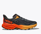 Side view of men's hoka speedgoat 5 trail running shoe in cast rock/flame