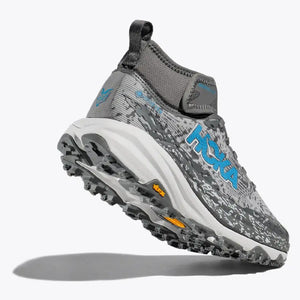 Sole view of women's Hoka Speedgoat 6 Mid GTX trail running shoe in asteroid/cosmic grey colour