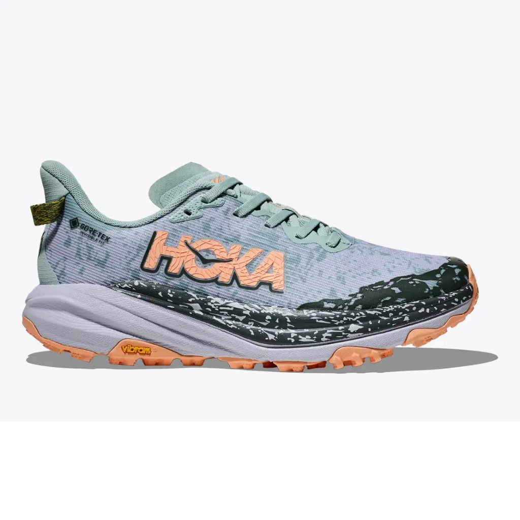 Side view of women's Hoka Speedgoat 6 gore-tex trail running shoe in jade/grey colour