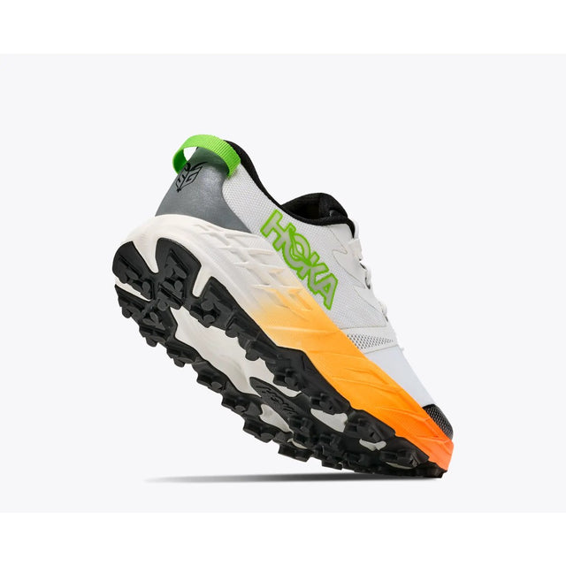 Sole view of kids' white/orange Hoka Speedgoat 7 running shoe
