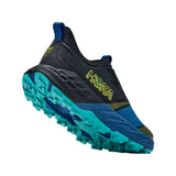 Heel view of kids' blue/black Hoka Speedgoat 7 running shoe