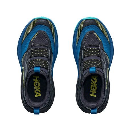 Top view of kids' blue/black Hoka Speedgoat 7 running shoes