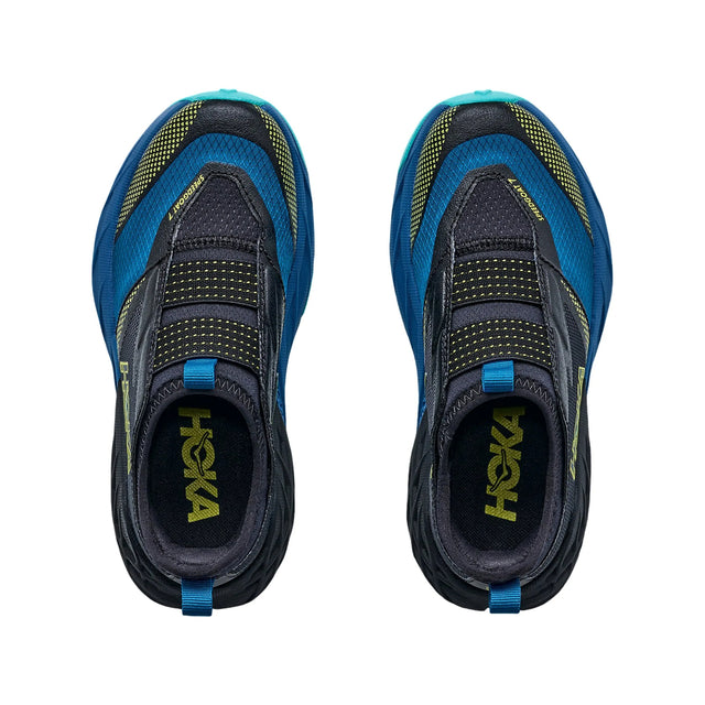 Top view of kids' blue/black Hoka Speedgoat 7 running shoes