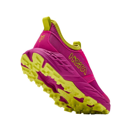 Sole view of kids' pink/yellow Hoka Speedgoat 7 running shoe