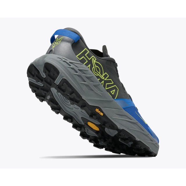 Sole view of men's grey/blue Hoka Speedgoat 7 running shoe