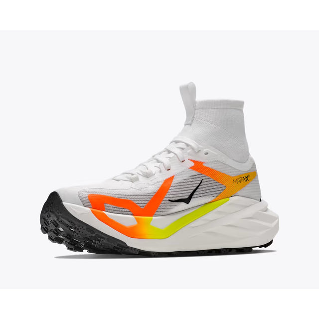 Inner side view of men's white/orange Hoka Tecton X 4 running shoe