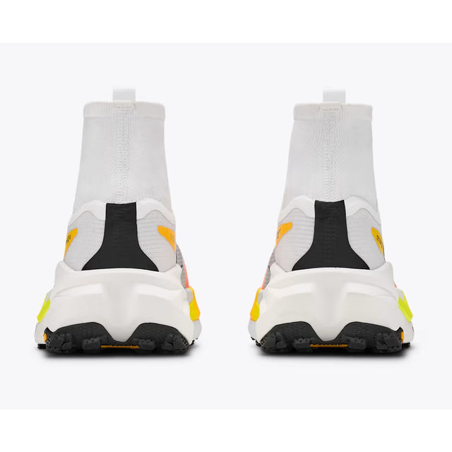 Heel view of women's white/orange Hoka Tecton X 4 running shoes