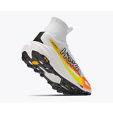 Sole view of women's white/orange Hoka Tecton X 4 running shoe